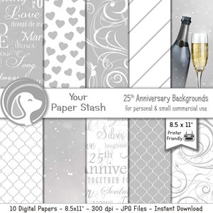 25. Silber Hochzeit Jahrestag digitale Scrapbook Papiere, romantische digitale Hintergründe, Champagner Digitalpapier, kommerzielle Nutzung Download