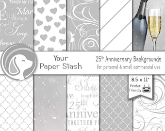 25th Silver Wedding Anniversary Digital Scrapbook Papers, Romantic Digital Backgrounds, Champagne Digital Paper, Commercial Use Download