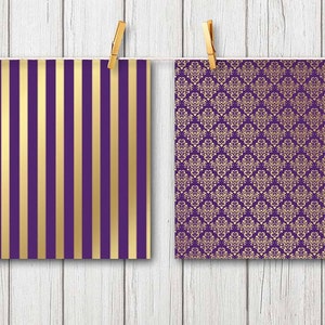 Decorative papers with purple and gold patterns for crafts