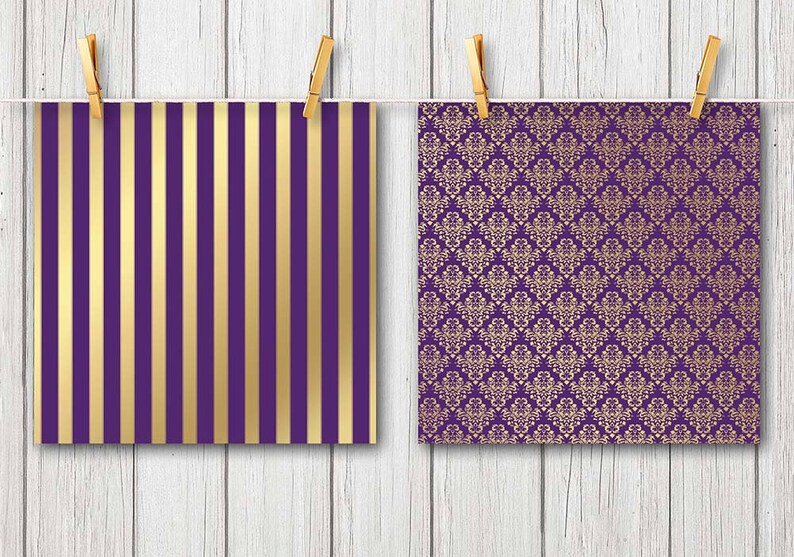 Decorative papers with purple and gold patterns for crafts