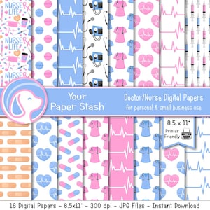 Afdrukbare Doctor Nurse Digital Papers, Nurse Life Heartbeat EKG Medische achtergrondpatronen voor scrapbooking en sublimatieprojecten