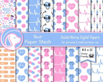 Printable Doctor Nurse Digital Papers, Nurse Life Heartbeat EKG Medical Background Patterns for Scrapbooking and Sublimation Projects