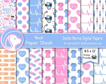 Stampabile Doctor Nurse Digital Papers, Infermiera Life Heartbeat EKG Medical Background Patterns per Scrapbooking e Progetti di sublimazione