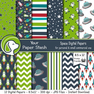 Space Themed Digital Paper Pack for Birthday Scrapbook Pages, Space Backgrounds for Science Class & Bulletin Boards UFOs Asteroids Astronaut