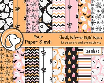 Halloween Ghost Digital Paper Pack, Pink Orange Candy Corn & Spider Web Scrapbook Papers