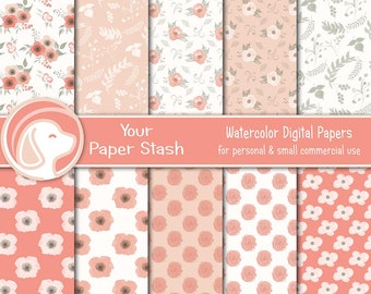 Digitales Papierpaket mit Pfirsich- und Korallenblumenmuster, Aquarell-Frühlingshochzeitshintergründe, 12x12 Zoll