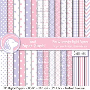 Rosa Lavendel-Digital-Sammelalbum-Papiersatz, Herz-Stern-Streifen-nahtlose digitale Papiere und Hintergründe für kleine kommerzielle Nutzung