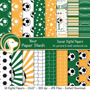 Papel e fundos para scrapbook digital de futebol verde e dourado, pacote de papel digital com tema esportivo, download de papéis de futebol para uso comercial