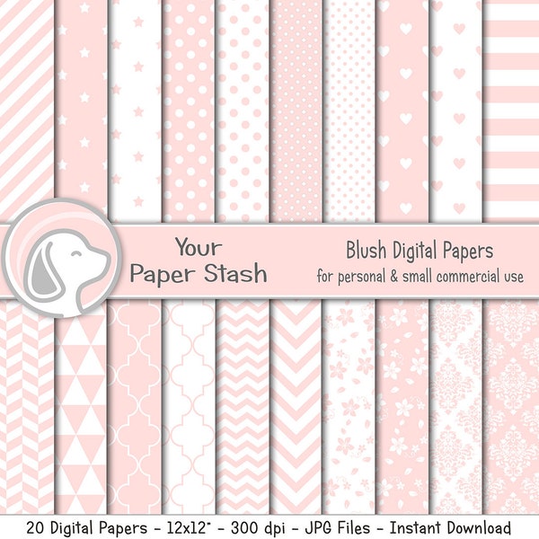 Pink Blush Digital Paper Pack for Valentine's Day Baby Girl & Wedding Scrapbook Pages, Pink Digital Paper with Hearts Flowers and Polka Dots