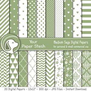 Sfondi di carta digitale verde salvia con strisce, chevron, stelle e motivi geometrici, pagine di album verdi per compleanni, festa del papà, autunno