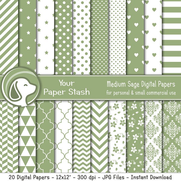 Sage Green Digital Paper Backgrounds w/ Stripes Chevrons Stars Geometric Patterns, Green Scrapbook Pages for Birthday's Father's Day Autumn