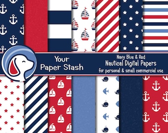Nautical Digital Paper Pack, Red White Blue Nautical Scrapbook Papers, Sailboat Whale & Anchor Digital Patterns, Commercial Use Download
