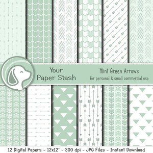 Mint Green Arrow & Tribal Digital Paper Pack for Spring Wedding and Easter Scrapbook Pages, Mint Green Digital Papers Geometric Patterns