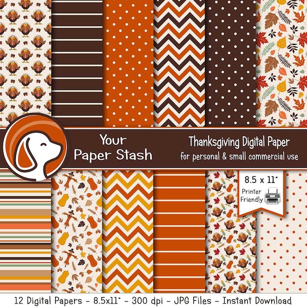 Thanksgiving Digital Scrapbook Paper, Autumn Pumpkin Spice Thanksgiving Digital Paper Pack, Scarecrow Backgrounds, Commercial Use / PS102