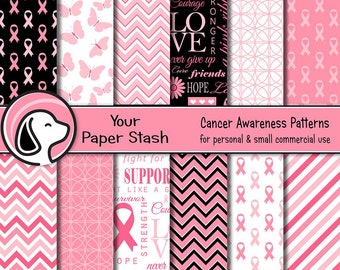 Pink Breast Cancer Awareness Digital Papers Backgrounds, Hope Ribbons & Butterfly Scrapbook Paper Small Commercial Use