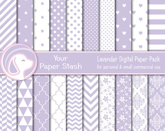 Lavendel Digital Scrapbook Papiere für Frühling und Ostern Scrapbooking, lila digitale Papiere mit Streifen Polkadots und Herz-Muster