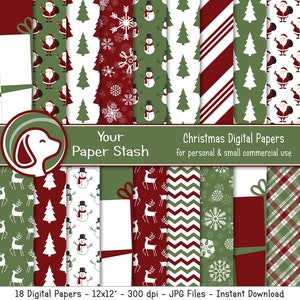 Weihnachten Digitales Scrapbook Papier Hintergrund, Rot Grün Weihnachtsbaum Schneemann Rentier Geschenk Weihnachtsmann Digital Paper Pack Download / CM101