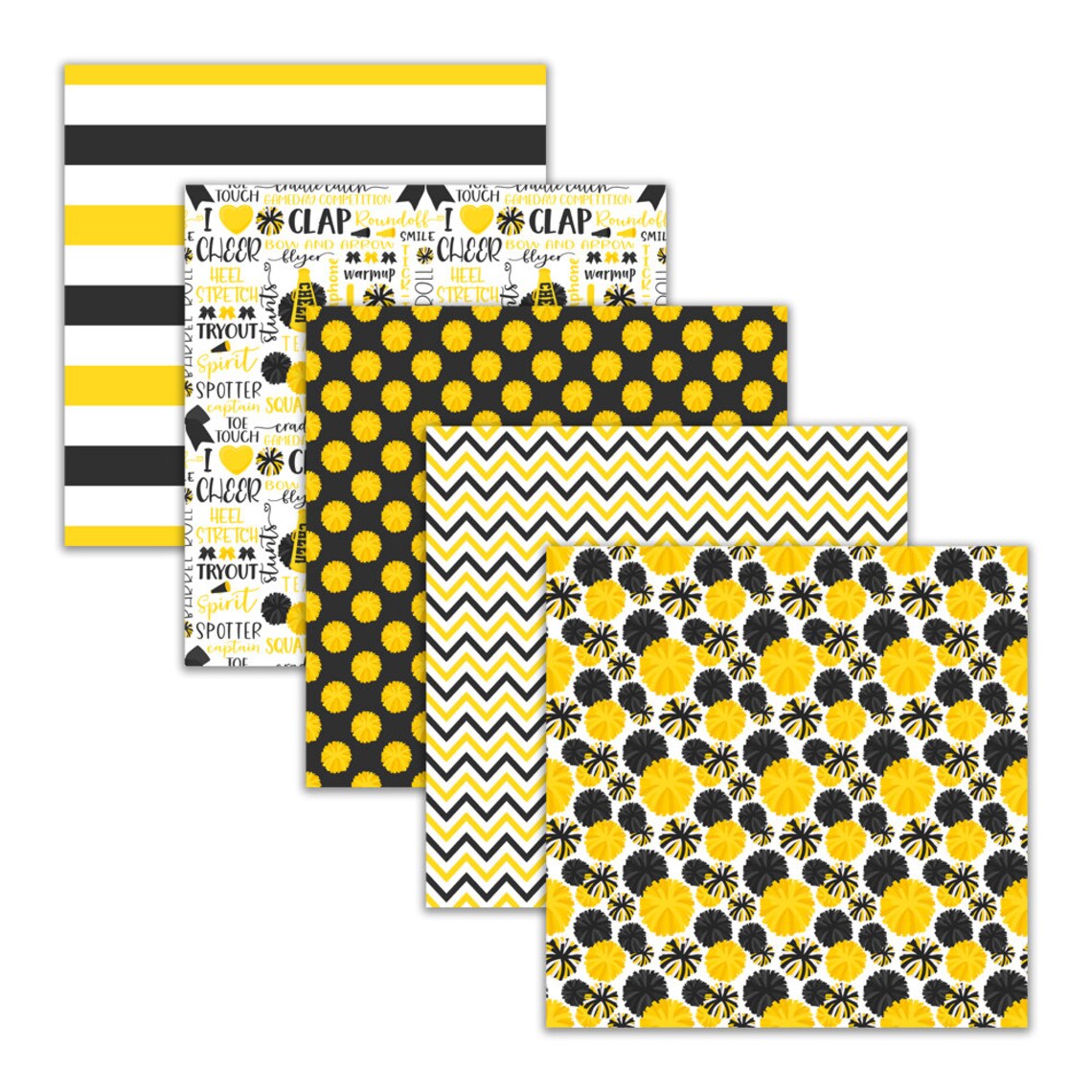 Yellow Cheer Pattern Cheerleader Digital Paper, Seamless Black and Yellow Cheer Scrapbook ...