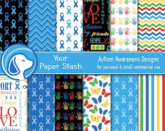 Digitales Papierpaket zum Thema Autismus, blaue Schleife und farbenfrohe Hintergründe für Scrapbook-Sammlungen zum Thema Inklusion, 12x12 JPG