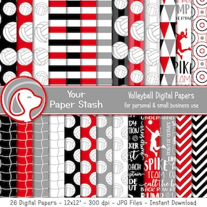 Digitale Papiermuster, Rot Schwarz Volleybälle Netz und Ball Scrapbook Papier Hintergrundmuster | Basketball Team Designs
