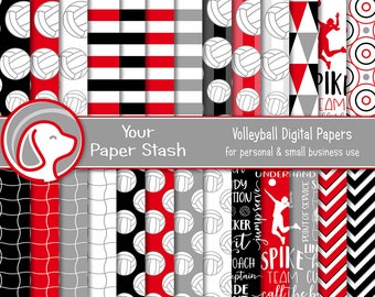 Volleyball Digital Paper Patterns, Red Black Volleyball Net and Ball Scrapbook Paper Background Patterns | Volleyball Team Designs