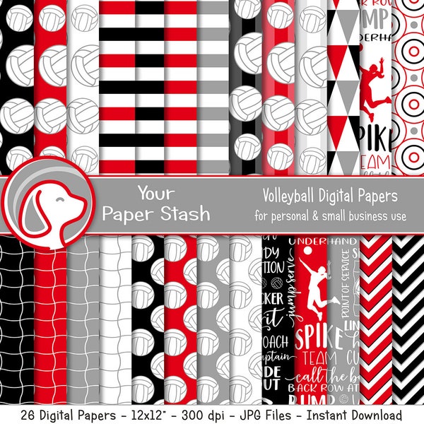 Volleyball Digital Paper Patterns, Red Black Volleyball Net and Ball Scrapbook Paper Background Patterns | Volleyball Team Designs