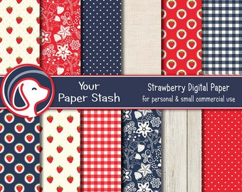 Strawberry Digital Paper Berry Scrapbook Paper with Wood Background, Gingham Patterns Polka Dots, Commercial Use, Planner Paper