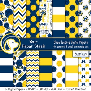 Pacote de papel digital azul amarelo para líderes de torcida, fundos de papel para scrapbooking da equipe de torcida, padrões de líderes de torcida sem costura para uso comercial pequeno