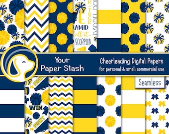 Blue Yellow Cheerleading Digital Paper Pack, Cheer Team Scrapbooking Paper Backgrounds, Seamless Cheerleader Patterns Small Commercial Use