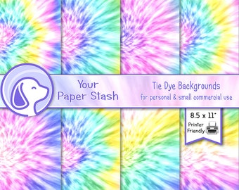 Printable Tie Dye Digital Paper Pack, 60s Retro Hippie Tie Dye Digital Stationery, Groovy Spring Scrapbook Paper Patterns Instant Download