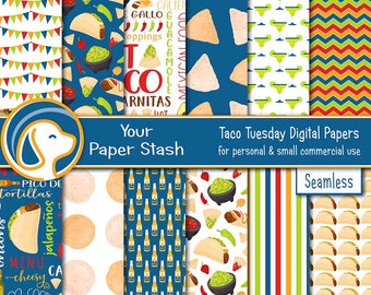 Taco Tuesday Digital Paper Pack, Cinco de Mayo Mexican Taco Food Chips Salsa Digital Scrapbook Papers and Backgrounds Instant Download