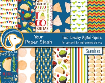 Paquet de papier numérique Taco Tuesday 12 x 12, arrière-plans de scrapbooking Cinco de Mayo Fiesta, papier chips salsa margarita