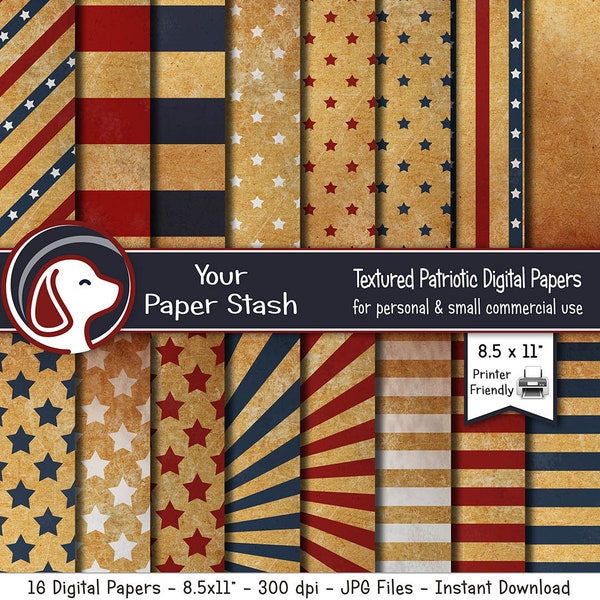 Printable 4th of July Digital Paper Pack, Stars and Stripes Digital Backgrounds for Veterans Day or Memorial Day Instant Download