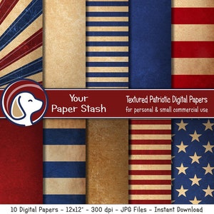 Papier numérique patriotique vintage, 4 juillet Scrapbook Papar, arrière-plans texturés avec étoiles et rayures, téléchargement immédiat