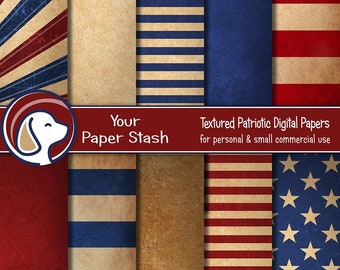 Vintage Patriotic Digital Paper for 4th of July Scrapbook Page, Distressed Textured Backgrounds With Stars & Stripes, Commercial Use