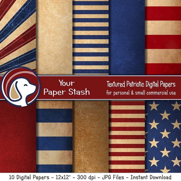 Vintage Patriotic Digital Paper, 4th of July Scrapbook Papar, Textured Backgrounds With Stars & Stripes, Instant Download