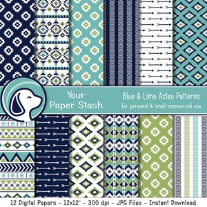 May include: Twelve digital papers with blue, green, and white Aztec patterns. The patterns include geometric shapes, arrows, and stripes. The papers are 12 inches by 12 inches and 300 dpi. The text "Your Paper Stash" and "Blue & Lime Aztec Patterns" is included in the image. The text "for personal & small commercial use" is also included in the image.