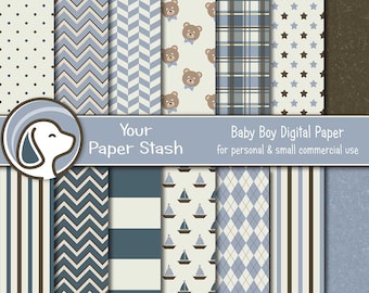 Baby Boy Digital Paper Pack 12x12, Slate Blue Nursery Scrapbook Paper, Teddy Bear Sailboat Backgrounds