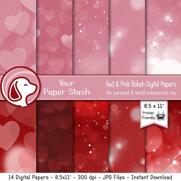 Red & Pink Valentine's Day Digital Paper w/ Bokeh Backgrounds, Elegant Digital Paper for Weddings and Christmas, Printable Valentine Papers