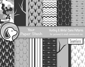 Hunting Camo Scrapbook Paper Pack Gray White Deer Antler Digital Papers Winter Camouflage Outdoor Masculine Designs Instant Download
