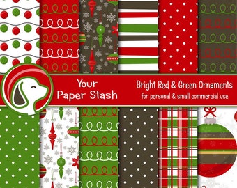 Traditionelles digitales Weihnachtspapier, rot-grünes Ornamentgirlanden-Karomuster, gestreifte Scrapbook-Hintergründe, Festtagspapier-Set
