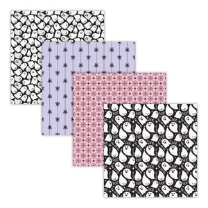 Pastel pink Halloween digital papers featuring friendly ghosts, bats, candy corn, spiders, spider webs, stripes, and chevrons in pink, lavender, black, and white.