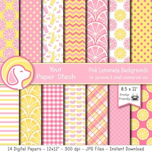 Pink Lemonade Digital Paper Pack mit Zitronen Karo Streifen & Chevron Hintergründen für Geburtstage und Sommer Scrapbook Seiten, 21x30cm druckbar