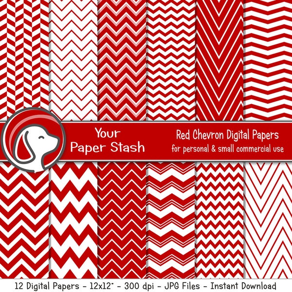 Red Chevron Digital Scrapbook Papers & Backgrounds, Zig Zag Lined Scrapbook Paper for Christmas and Valentine's Day, Commercial Use Download