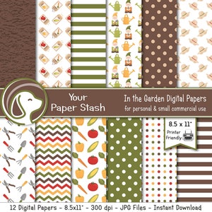 Garden Digital Papers for Summer Scrapbook Pages, Vegetable Garden Gnome & Tool Digital Paper Backgrounds, Commercial Use, Instant Download