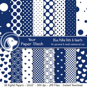 Blue Polka Dot and Heart Digital Paper Pack, Blue Birthday Scrapbook Papers, Heart Digital Backgrounds, Graduation Scrapbooking Papers