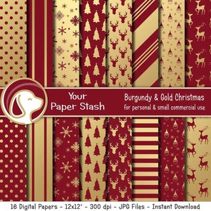 May include: Set of 16 digital papers featuring a variety of Christmas patterns in burgundy and gold. The patterns include snowflakes, Christmas trees, reindeer, Santa hats, and stripes. The papers are 12x12 inches and 300 dpi.
