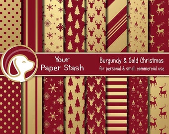 Burgundy & Gold Christmas Digital Scrapbook Paper Background Pattern, Elegant Holiday Red Gold Reindeer Christmas Trees Snowflakes Download