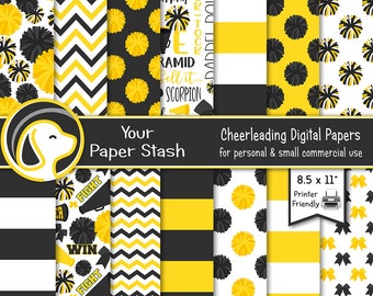 Printable Cheerleader Digital Paper Pack, Black Yellow Pompom Digital Patterns and Backgrounds, Cheer Download