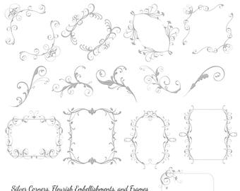 Silver Frame Digital Clip Art, Silver Wedding Anniversary Clip Art Frames & Borders, 25th Anniversary Digital Scrapbook Frames